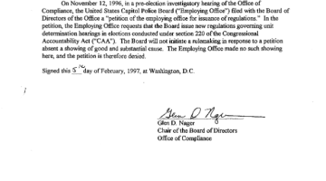 Cover Page Of The Denial of Petition Filed by the U.S. Capitol Police Board for Rulemaking About Conduct of Pre-Election Investigatory Hearings Conducted Under Section 220 - 19970205 PDF