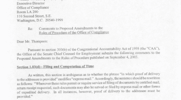 Cover Page Of The Senate Chief Counsel for Employment: Comments to the Notice of Proposed Amendment to the Rules of Procedure of the Office of Compliance - 20031020 PDF