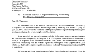 Cover Page Of The Senate Chief Counsel for Employment: Comments Received on Proposed Rulemaking Implementing New Overtime Regulations - October 29, 2004 PDF