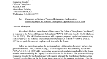 Cover Page OfThe Office of Senate Chief Counsel for Employment: Comments on Notice of Proposed Rulemaking Implementing Sec. 4(c)(4) of the Veterans Employment Opportunities Act of 1998 - March 18, 2005 PDF