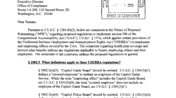 Cover Page Of The Office of Senate Chief Counsel for Employment: Comments to the Notice of Proposed Rulemaking regarding proposed regulations to implement section 206 of the CAA PDF