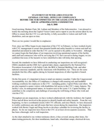 Cover Page Of The Statement Of Peter Ames Eveleth General Counsel Office Of Compliance Before The Subcommittee On The Legislative Branch House Appropriations Committee July 8 2008 PDF