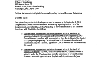 Cover Page Of The Office of the Architect of the Capitol: Comments Regarding Notice of Proposed Rulemaking - October 9, 2014 PDF