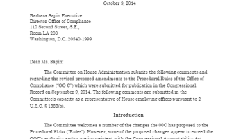 Cover Page Of The Committee on House Administration: Comments regarding the revised proposed amendments to the Procedural Rules of the Office of Compliance - October 9, 2014 PDF