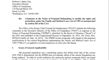 Cover Page Of The Senate Chief Counsel for Employment - Comments to the Notice of Proposed Rulemaking to Modify the Rights and Protections Under the FMLA - 20151116 PDF