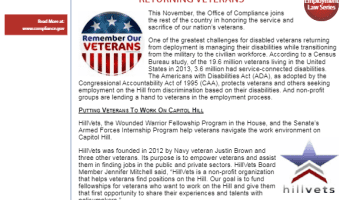 Cover Page of the Compliance at Work - The ADA and Hill Programs Support Returning Veterans pdf