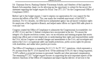 Cover Page of the Statement of Barbara J. Sapin, Executive Director, Office of Compliance, Before the Subcommittee on the Legislative Branch, Committee on Appropriations, United States House of Representatives - Fiscal Year 2017 Budget Request - March 22, 2016 pdf