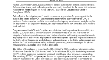 Cover Page Of the Statement of Barbara J. Sapin, Executive Director, Office of Compliance, Prepared for the Subcommittee on the Legislative Branch, Committee on Appropriations, United States Senate - Fiscal Year 2017 Budget Request - March 18, 2016 pdf