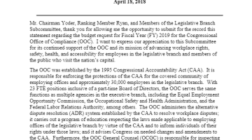 Cover Page of the Amended Statement of Susan Tsui Grundmann, Executive Director, Congressional Office of Compliance, Before the Subcommittee on the Legislative Branch, Committee on Appropriations, United States House of Representatives Fiscal Year 2019 Budget Request - April 18, 2018 pdf