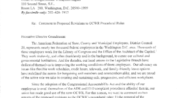 Cover Page Of The AFSCME: Comments to Proposed Revisions to OCWR Procedural Rules - May 10, 2019 PDF