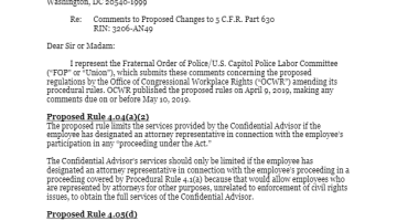 Cover Page Of The Fraternal Order of Police, U.S. Capitol Police Labor Committee - Comments to Proposed Changes to 5 C.F.R. Part 630; RIN: 3206-AN49 - May 10, 2019 PDF