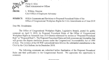 Cover Page Of The House Chief Administrative Officer: OOEA Comments and Revisions to Proposed Procedural Rules of the OCWR for CAA Amendments June 2019 - May 10, 2019 PDF