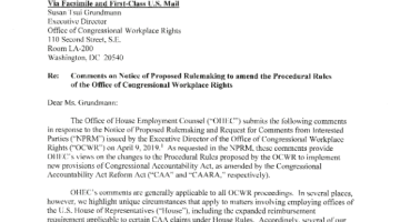Cover Page Of The Office of House Employment Counsel: Comments on Notice of Proposed Rulemaking to Amend Procedural Rules of the OCWR - May 10, 2019 PDF