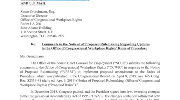 Cover Page Of The U.S. Senate Chief Counsel for Employment: Comments to the Notice of Proposed Rulemaking Regarding Updates to OCWR's Rules of Procedure - May 10, 2019 PDF
