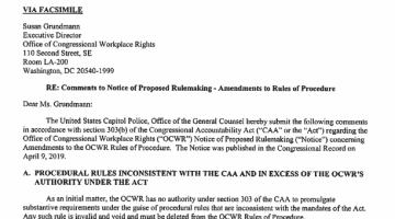 Cover Page Of The U.S. Capitol Police: Comments Regarding Proposed Amendments to the Rules of Procedure - May 9, 2019 PDF