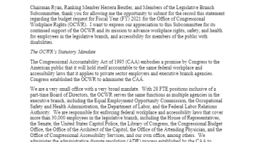 Cover Page of the Statement of Susan Tsui Grundmann, Executive Director, Office of Congressional Workplace Rights, Before the Subcommittee on the Legislative Branch, Committee on Appropriations, United States House of Representatives - Fiscal Year 2021 Budget Request - February 12, 2020 pdf