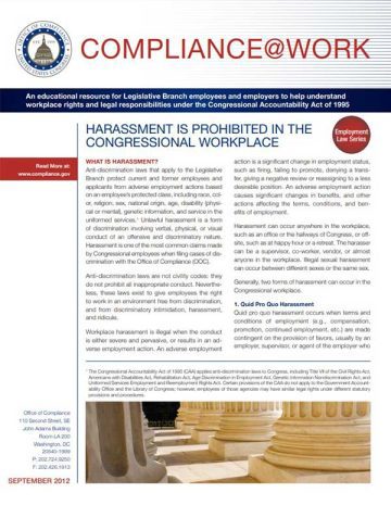 Cover Page Of The Compliance at Work - Harassment is prohibited in the Congressional Workplace PDF