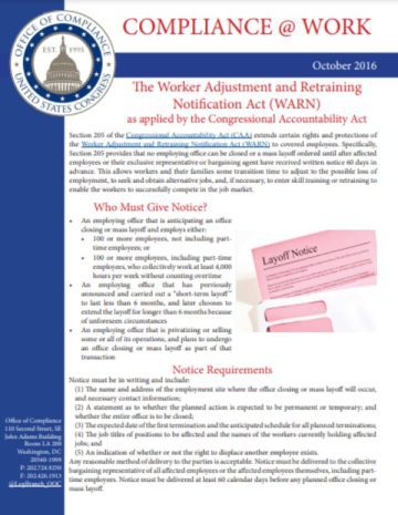 Cover Page Of The Compliance At Work The Worker Adjustment And Retraining Notification Act (WARN) As Applied By The Congressional Accountability Act PDF