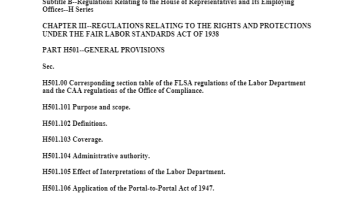 Cover page Fair Labor Standards and the Minimum Wage (House) - Substantive Regulations Adopted by the Board of Directors of the Office of Compliance and Approved by Congress Extending Rights and Protections Under the Fair Labor Standards Act of 1938: Subtitle B – Regulations Relating to the House of Representatives and Its Employing Offices (H Series) pdf
