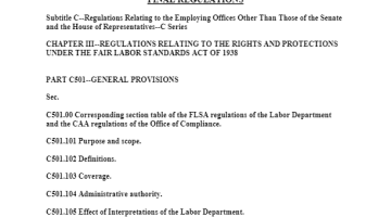 Cover page Fair Labor Standards and the Minimum Wage (Instrumentalities) - Substantive Regulations Adopted by the Board of Directors of the Office of Compliance and Approved by Congress Extending Rights and Protections Under the Fair Labor Standards Act of 1938: Subtitle C – Regulations Relating to the Employing Offices Other Than Those of the Senate and the House of Representatives (C Series) pdf