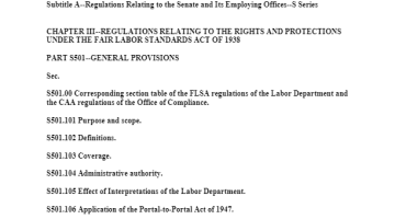 Cover Page Fair Labor Standards and the Minimum Wage (Senate) - Substantive Regulations Adopted by the Board of Directors of the Office of Compliance and Approved by Congress Extending Rights and Protections Under the Fair Labor Standards Act of 1938: Subtitle A – Regulations Relating to the Senate and Its Employing Offices (S Series) PDF