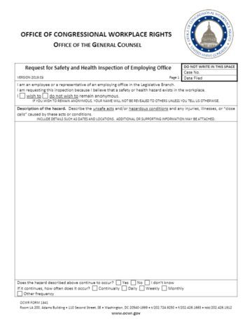 Cover Page Of The Request for Safety and Health Inspection of Employing Office - Form 1341 PDF