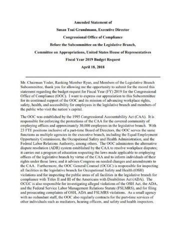 Cover of the Statement of Susan Tsui Grundmann, Executive Director, Office of Congressional Workplace Rights, Before the Subcommittee on the Legislative Branch, Committee on Appropriations, U.S. House of Representatives, Fiscal Year 2020 Budget Request - February 7, 2019 pdf