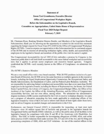 Cover of the Statement of Susan Tsui Grundmann, Executive Director, Office of Congressional Workplace Rights, Before the Subcommittee on the Legislative Branch, Committee on Appropriations, U.S. House of Representatives, Fiscal Year 2020 Budget Request - February 7, 2019 pdf