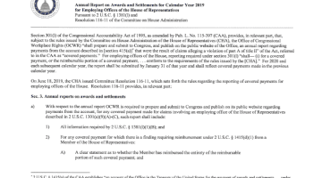 Cover Page of the PDF Annual Report on Awards and Settlements for Calendar Year 2019 for Employing Offices of the House of Representatives - Revised January 31, 2020 pdf