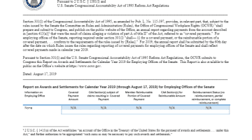 Cover Page of the PDF Annual Report on Awards and Settlements for Calendar Year 2019 for Employing Offices of the Senate pdf