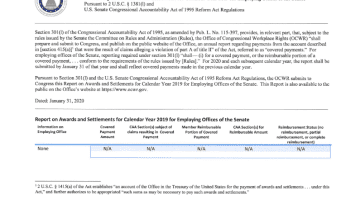 Cover Page of the PDF Annual Report on Awards and Settlements for Calendar Year 2019 for Employing Offices of the Senate - Revised January 31, 2020 pdf