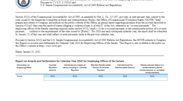 Cover Page of the PDF Annual Report on Awards and Settlements for Calendar Year 2020 for Employing Offices of the Senate-pdf