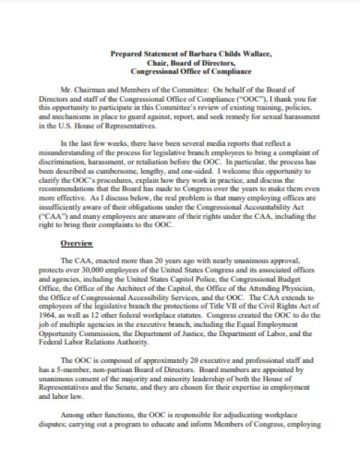 Cover Page Of The Prepared Statement Of Barbara Childs Wallace Chair Board Of Directors Congressional Office Of Compliance November 14 2017 PDF