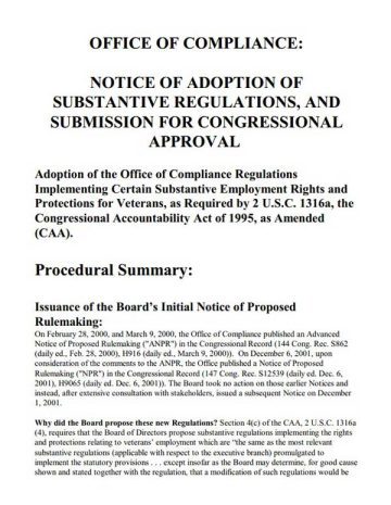 Cover Page Of The Notice of Adoption of Substantive Regulations, and Submission for Congressional Approval - Adoption of the Office of Compliance Regulations Implementing Certain Substantive Employment Rights and Protections for Veterans, as Required by 2 U.S.C. 1316a, the Congressional Accountability Act of 1995, as Amended (CAA) - 200800321 PDF
