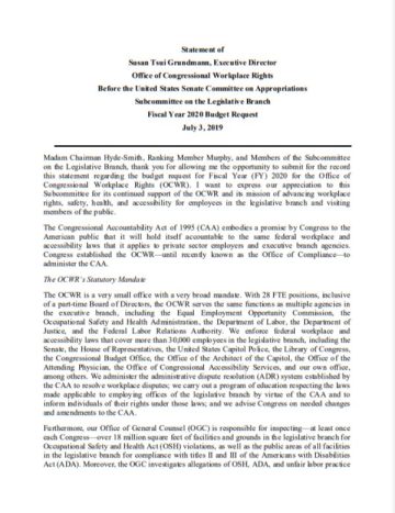 Cover Page Of The Statement Of Susan Tsui Grundmann, Executive Director Office Of Congressional Workplace Rights Before The United States Senate Committee On Appropriations Subcommittee On The Legislative Branch Fiscal Year 2020 Budget Request July 3 2019 PDF