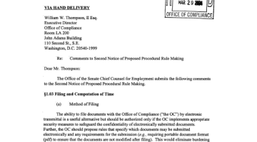 Cover Page Of The Senate Chief Counsel for Employment: Comments to Second Notice of Proposed Procedural Rule Making - March 29, 2004 PDF
