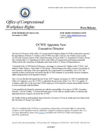 cover of press release: OCWR appoints new executive director