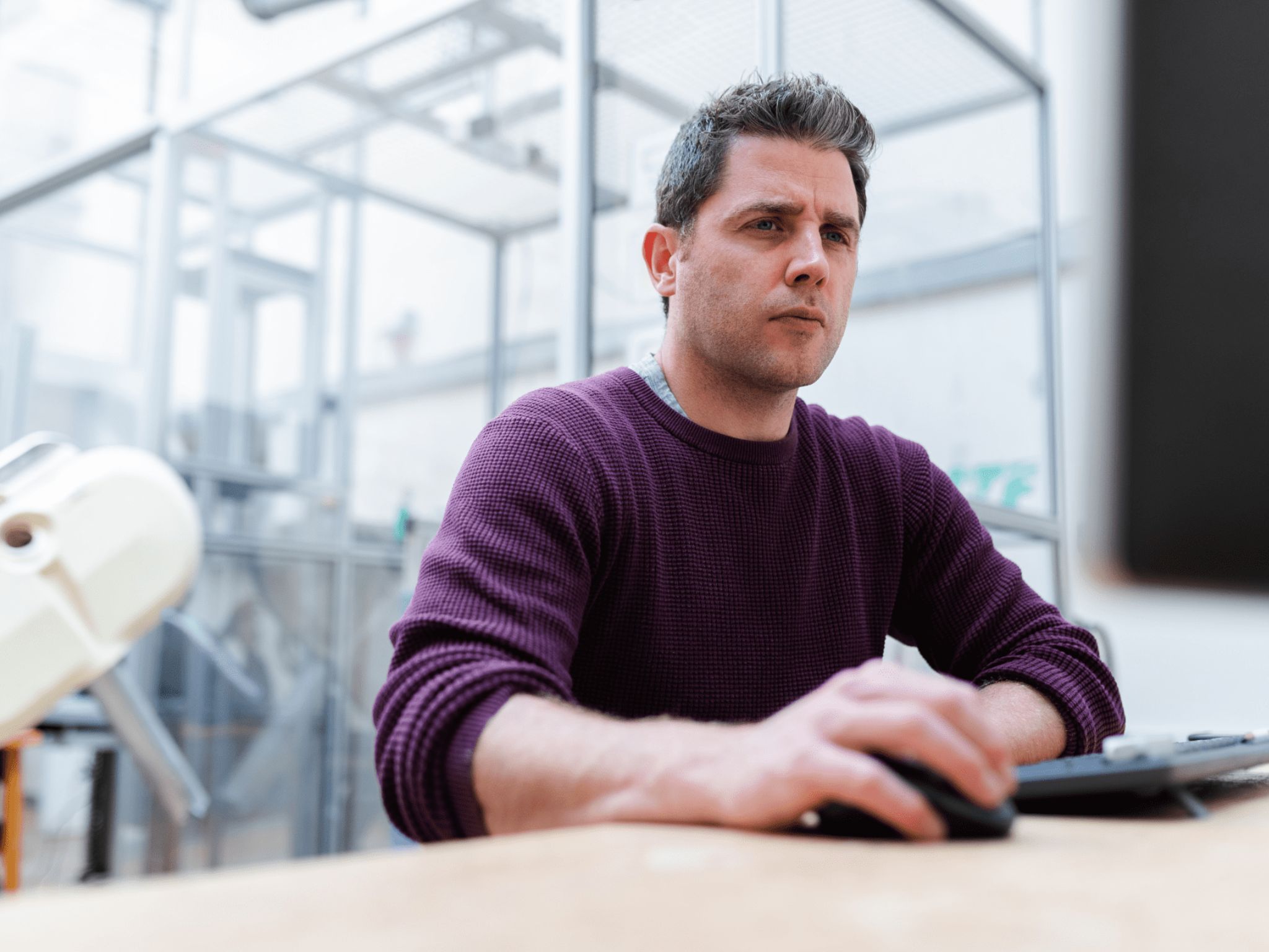 person sitting at a desktop computer with good posture