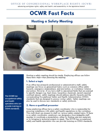 Cover page of a document titled OSH Fast Facts: Hosting a Safety Meeting