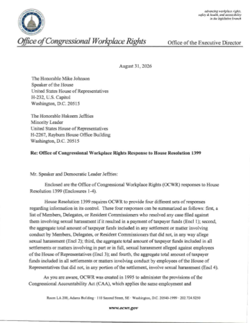 First page of a letter titled "Re: Office of Congressional Workplace Rights Response to House Resolution 1399"