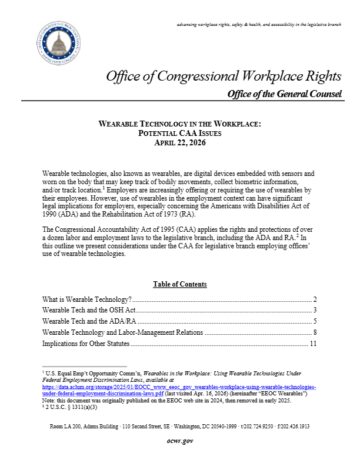 First page of a typed document titled Wearable Technology in the Workplace